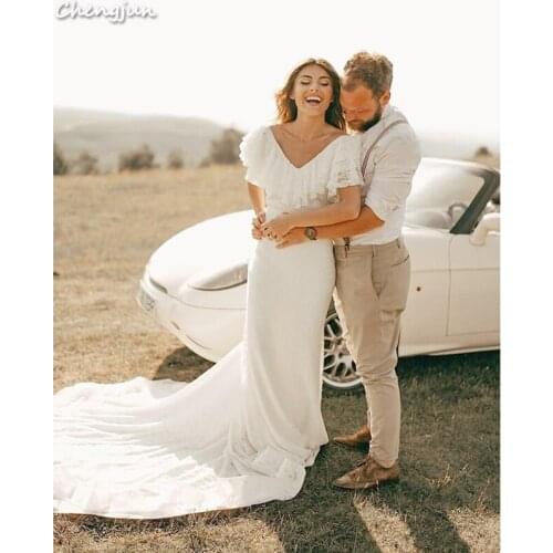 Chengjun Lebanese Lace Party Elegant Women Long Train Bohemian Wedding Dress