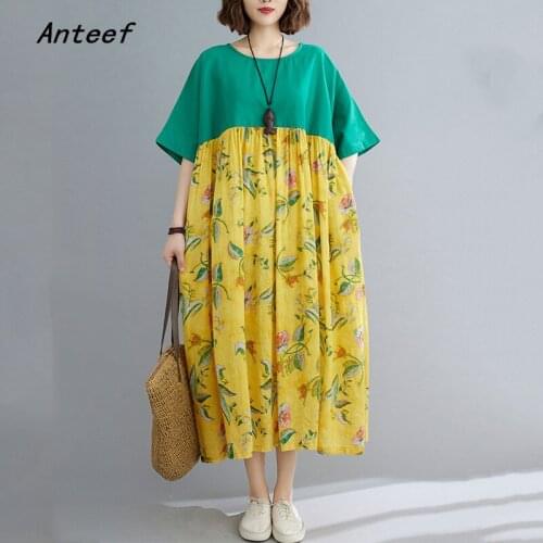 Short sleeve cotton vintage floral dresses for women casual loose long woman summer dress elegant clothes 2021