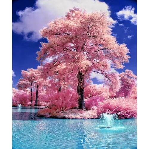 QIZITENG 5D DIY Diamond Embroidery Landscape Lake Pink Cherry Tree Diamond Painting Cross Stitch Full Drill Mosaic Decoration