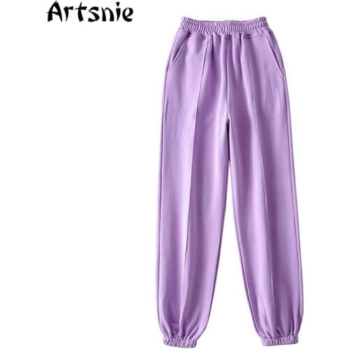 Artsnie Winter Drawstring High Waist Pants Women Purple Double Pockets Trousers Femme Streetwear Knitted Sweatpants Harem Pants