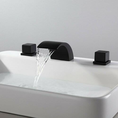 Free ship Black Modern washbasin Sink Faucet 8" 3 Holes Widespread Bathroom Waterfall Faucet mixer tap deck mounted 2 Handles