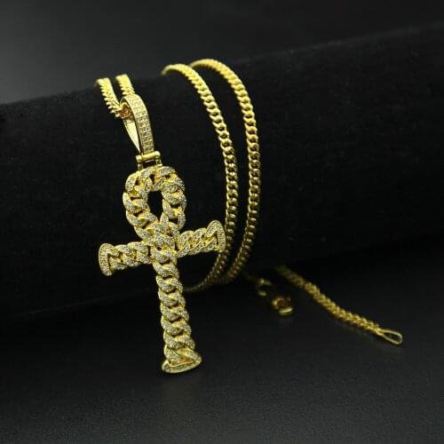 Hip Hop AAA CZ Zircon Paved Bling Iced Out Symbol of vitality Egypt Ankh Cross Pendants Necklace for Men Jewelry Gold Color