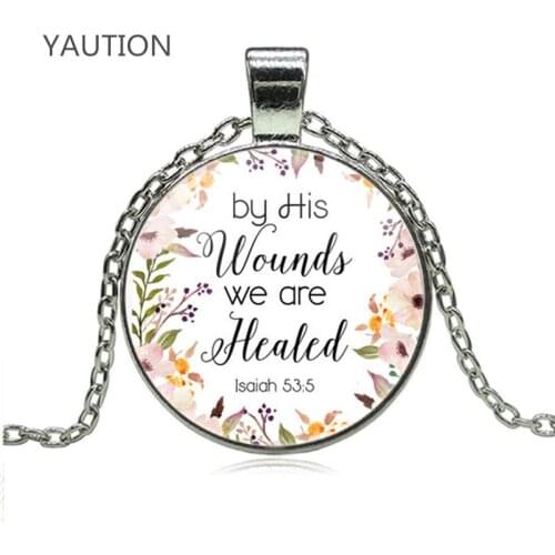 By His wounds we are healed Isaiah 53 5 Bible Verse Necklace Glass Tile Pendant Fashion Jewelry Women Men Christian Gift