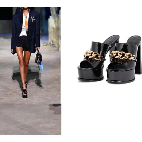 Cool Genuine Leather Women Sandals Metal Platforms High Heels Pumps 2021 Newest Night Club Square Heel Shoe Woman