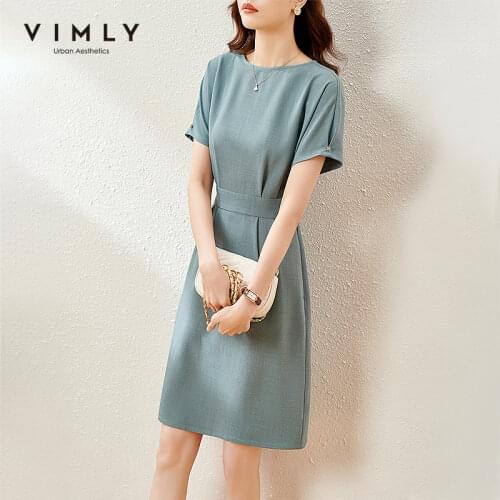 VIMLY Summer Woman Dress Elegant A Line Pockets Vintage Dresses 2021 Office Ladies Solid Mini Dress Female Vestidos Women F7579