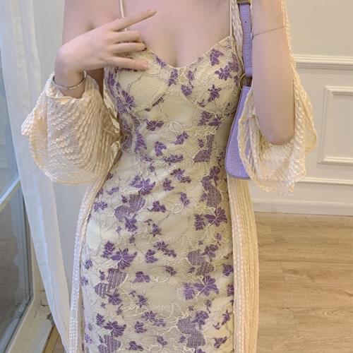 Summer Vintage Midi Dress Women Casual Design Elegant Pruple Floral Strap Dress Beach Lace Dress Camisole Dress