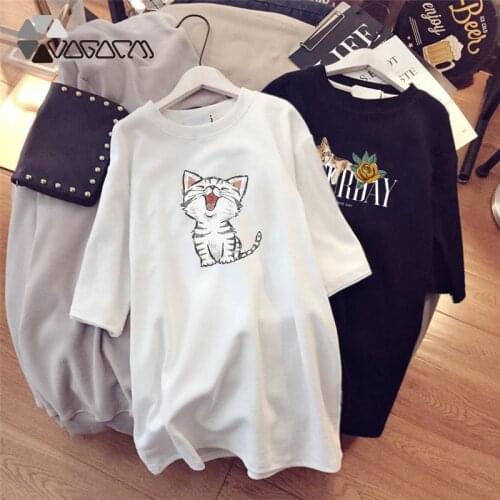 Summer Woman Dress Cartoon Print Funny Cat Casual Tshirt Loose Black White Mini Women Clothes Plus Size Cute Dresses