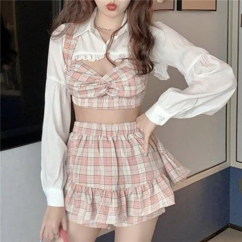 Summer Fashion Three-Piece Set Korean Mini Elastic Skirt+Korean Japanese Cute Sexy Short Ruffles Shirt Plaid Bow Suspender Outfi