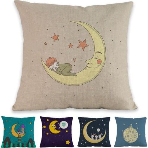 Cartoon illustration style Starry moon Good Night Pattern Linen Throw Pillow Case Home Sofa kids Room Decorative Cushion Covers