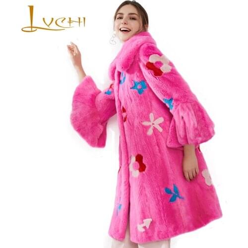 LVCHI Winter 2019 Imported Crown Swan Velvet Mink Coat Womens Natural Fur Coat Mink Coat Print Slim Flare Sleeve Mink Fur Coats