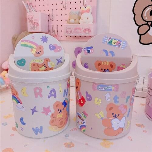 Ins Desktop Small Trash Bin Waste Bin Bedroom Home Cute Trash Can With Lid Mini Garbage Storage Box Organizer+30 garbage bags