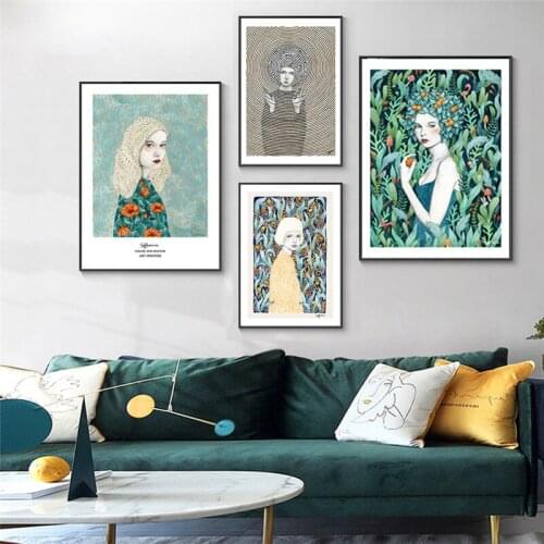 Nordic Abstract Flower Women Canvas Painting Green Plants Wall Art Poster and Print Modern Fashion Girl Bedroom Home Decor