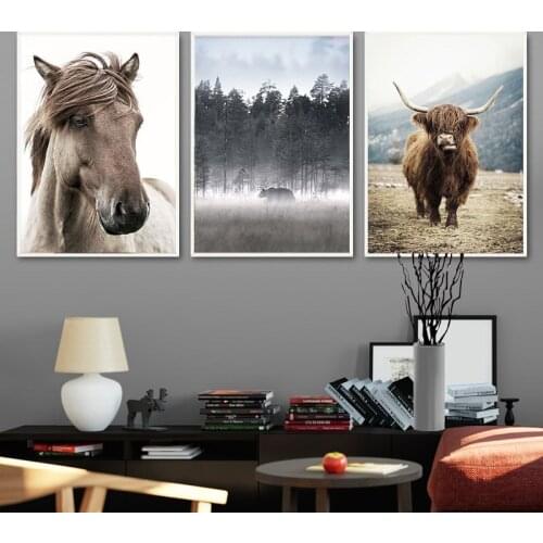 3 Pieces Nordic Wall Art Poster Horse Cattle bear Canvas Painting Animal Prints Wall Pictures for living Room Home Decor