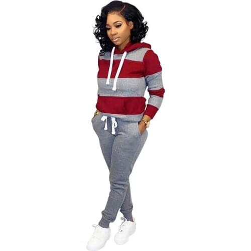 Casual Ladies Suit Long-Sleeved Striped Stitching Hooded Lace-Up Sweater Trousers Suit Sportswear Jogging Suit Vestidos De Muje
