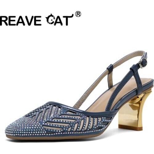 REAVE CAT 2021 New Kid Suede Pumps Cut Outs Rhinestone Square Toe Back Strap Slingbacks 7cm Strange Heel US11 Blue Apricot A4308