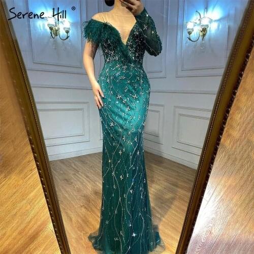 Serene Hill Grey Mermaid Luxury Evening Dresses Gowns 2021 Feather Beaded Elegant For Women Party LA71174