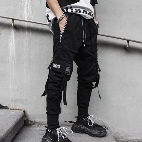 Fashion Ribbons New Side Print Zipper Pockets Mens Jogger Trousers Spring Hip Hop Harem Pants Male Sweatpants Streetwear Pencil
