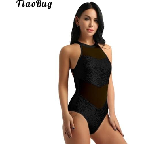 TiaoBug Women Adult Sleeveless Halter Neck Sequin Mesh Gymnastics Ballet Dance Leotard Bodysuit Professional Competition Costume