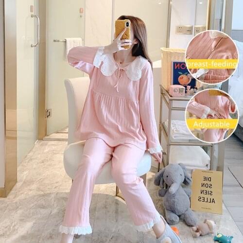 Spring Korean Fashion Sweet Maternity Nursing Sleepwear Cotton with Lace Nightwear Clothes for Pregnant Women Pregnancy Pajamas