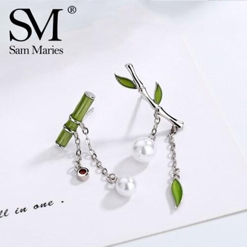 Green Enamel Bamboo Pearl Tassel Dangle Earrings For Women Fashion Panda Head Leaf Crystal Pendant Asymmetric Ear Jewelry Gift