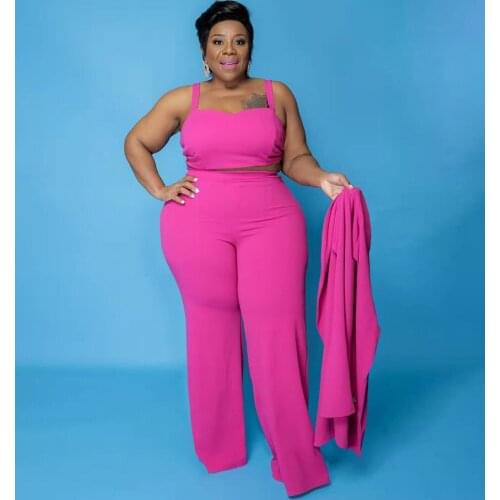 ZJFZML ZZ Women Clothing 3 Piece Outfit Plus Size Camisole Crop Top+long Sleeve Jackets+wide Leg Pants Dropshipping Wholesale