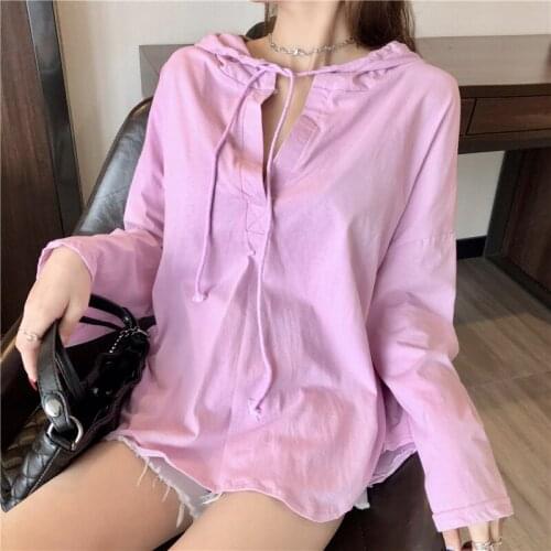 Autumn Solid Hooded Sweatshirts Ladies Kawaii Sweet Loose Chic Hoodies V-Neck Long Sleeves Sweatshirts Women Casual Hoodies