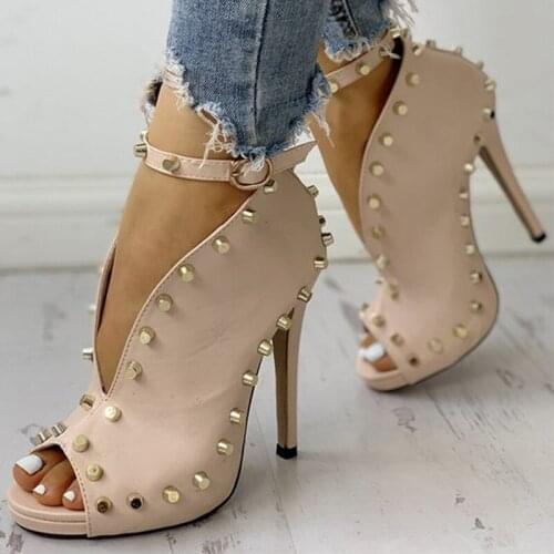 Nude High Thin Heels Woman Pep Toe Rivet Open Vamp Booties Ankle Boots Large Size 10 15 Ladies stiletto Fashion Shoes Shofoo