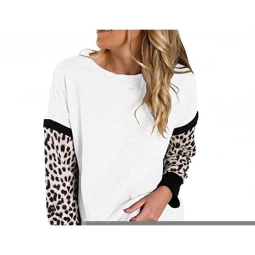2021 New Autumn Simple Polyester Leopard Patchwork Women Sweatshirt Long Sleeve Top O Neck Loose Fit Casual Blouse Streetwear