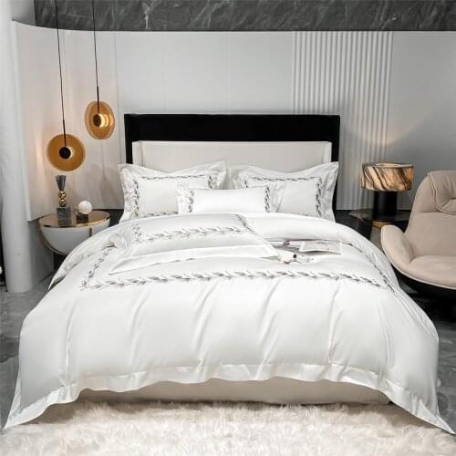 Luxury Elegant 1000TC Egyptian Cotton White Green bedding set Chic Leaves embroidery Duvet cover with zipper Queen King 4pcs
