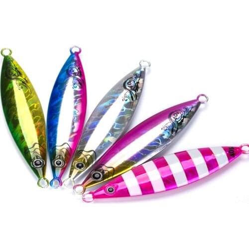 5PCS Ocean Boat Fishing Glow Bass Laser Jigging Slow Jig Lure Jigbait Spoon Baits Feather Hook 20/30/40/60g