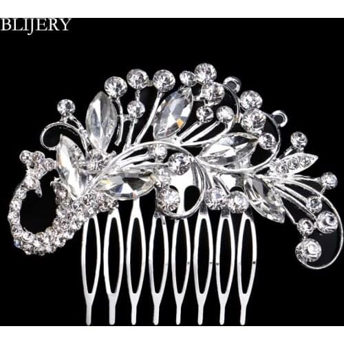 BLIJERY Elegant Peacock Design Wedding Hair Accessories Silver Color Crystal Bridal Hair Combs for Women Brides Hair Jewelry