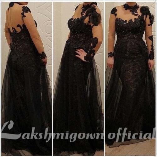 Long Sleeves Black Lace Formal Prom Dresses Plus Size Mother Of Bridal Gowns Mermaid Covered Organza Beaded Illusion High Neck