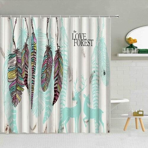Wooden Creative Colorful Feathers Shower Curtain Fabric High Quality Bathroom Supplies With Hooks Cloth Curtains Decor Washable