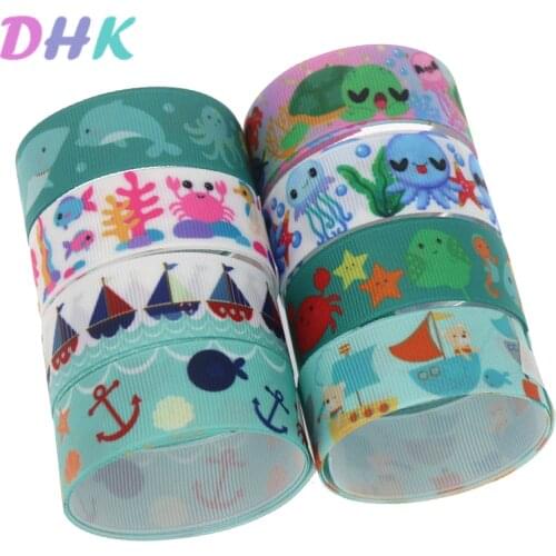 DHK 50yards sea fish boat animals Printed Grosgrain Ribbon Accessory Hairbow Headwear Decoration DIY Wholesale OEM S1221
