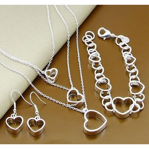 925 Sterling Silver Heart Earring Bracelet Necklace Set For Woman Wedding Engagement Party Fashion Charm Jewelry Gift