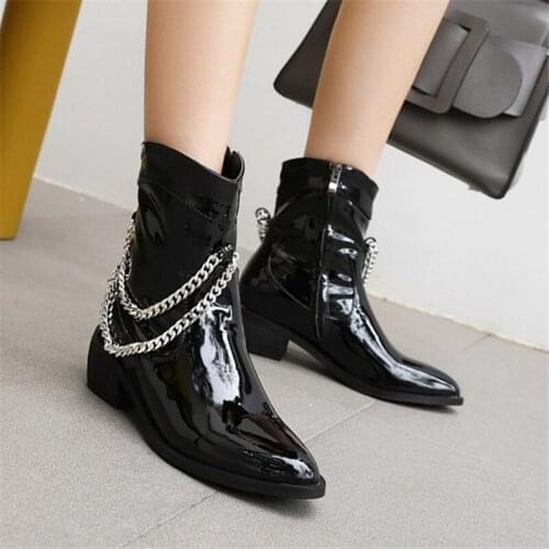 PXELENA Western Cowboy Metal Chain Motorcycle Boots Women Patent Leather Chunky Med Heels Biker Street Punk Gothic Shoes 34-45