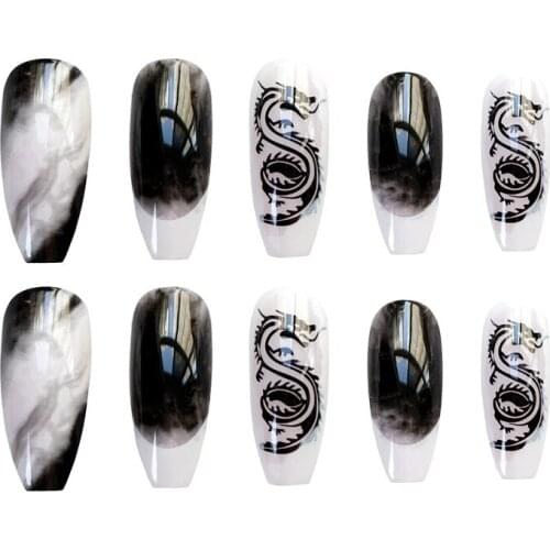 24pcs Black Blooming Dragons Wear Long Paragraph Fashion Manicure Patch False Nails Save Time Wearable Nail Patch SANA889
