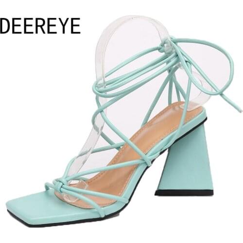 New Solid Triangle Chunky High Heel Lace-Up Cross Strap Slingback Peep Square Toe Sandals Women Shoes 2021 Party Dress Shoes