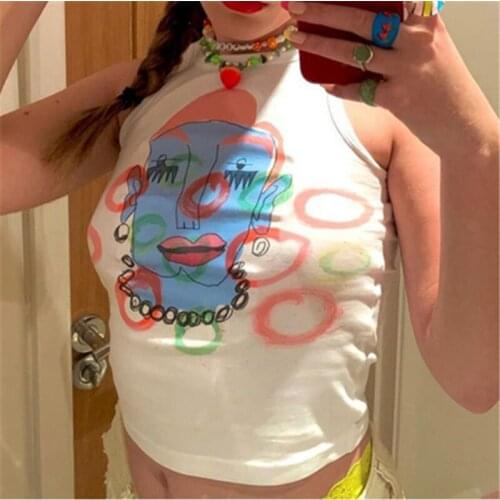 Sexy Tanks Crop Tops Womens Cute Facial Pattern Sleeveless Vest Party Punk Hip Hop White Basic Picnic Night Clubwear