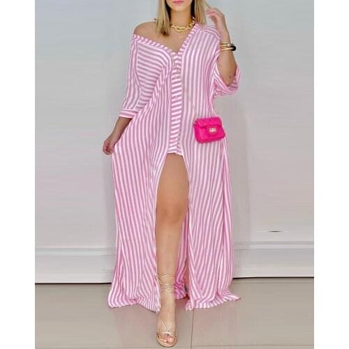 Striped Button Design High Slit Maxi Dress Three Quarter Length V-Neck Shirt Long Front Slit Summer Dresses For Women 2021