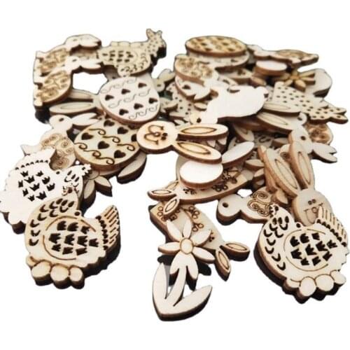 100pcs Happy Easter Rabbit Eggs Wood Chips Carved Embellishment Hanging Ornament