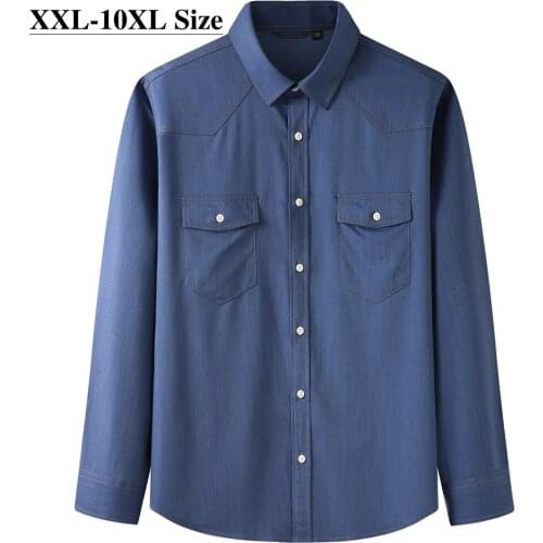 Plus Size 8XL 9XL 10XL Mens Long Sleeve Shirt Spring Autumn New Retro Washed Loose Flap pockets Casual Clothes Male Brand
