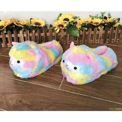 Hot Cute Colorful Alpaca Fur Slippers Womens Home Indoor Slippers Warm Winter Cotton Shoes Non Slip House Bedroom Shoes