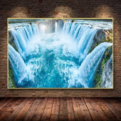 Blue Waterfall Mountain Peak Landscape Canvas Room Home Decoration Ocean Rock Landscape Oil Painting Poster Painting Wall Art