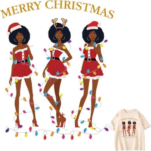 Christmas Girls Iron-On Transfers For Clothing Patches A-Level Washable T-Shirts Thermo Adhesive Patches Merry Christmas Sticker