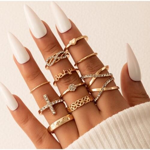Tocona 10pcs/sets Luxury Crystal Stone Cross Letter Ring Sets for Women Charm Heart Geoemtric Gold Joint Ring Jewelry 15184