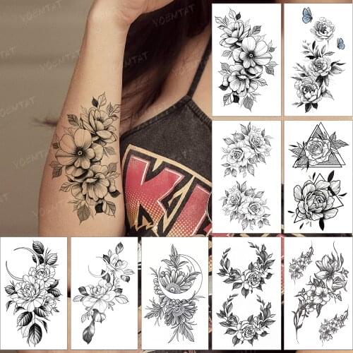 Waterproof Temporary Tattoo Sticker Rose Peony Flower Waist Black Sexy Body Art Tatto Flash Tatoo Male Female Child Tattoos