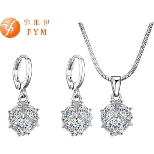Fashion CZ Crystal Jewelry Sets for Wedding Bride Women Silver Color Cubic Zircon Round Ball Pendants Necklace Earing