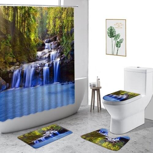 3D Blue Waterfall Natural Scenery Shower Curtains Thailand Jungle Rock Landscape Bathroom Curtain Set Non-Slip Bath Mat Carpet