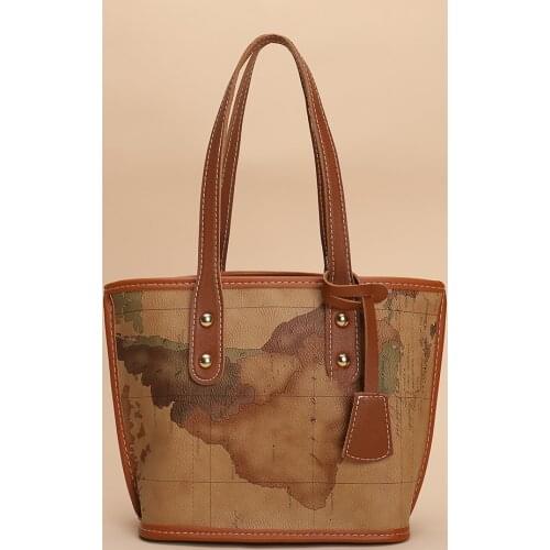 Retro Womens Bag Cow Map Pattern Printing PU Leather Woven Shoulder Shopper Bag For Young Women 2021 Design Luxury Tote Handbag